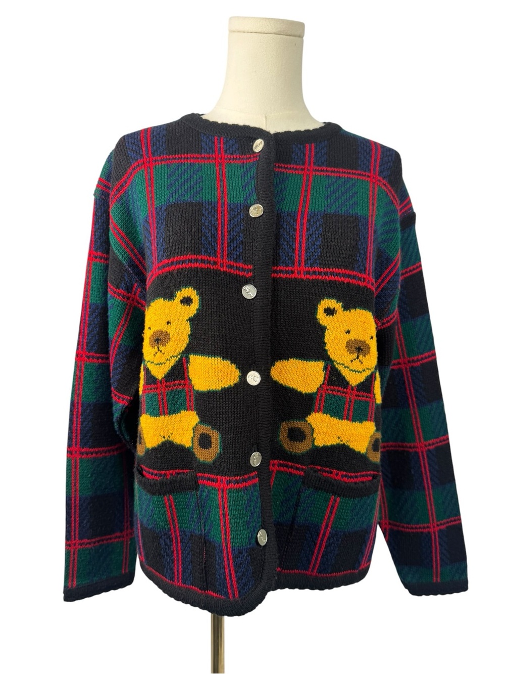 Vintage Tally Ho Teddy Bear Plaid Cardigan Sweater L Teacher 80s 90s